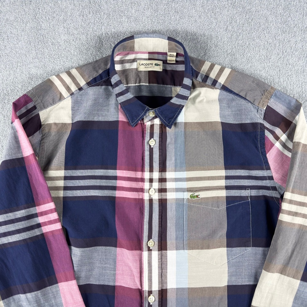 Lacoste Shirt Mens XL 44 Purple Plaid Long Sleeve Button Down Crocodile Logo
